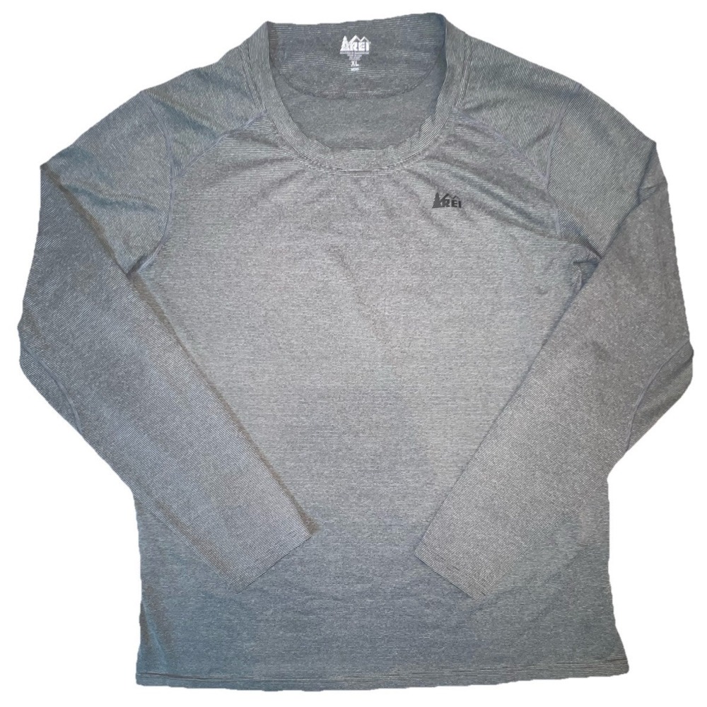 REI Men's XL Long Sleeve Base Layer Crew Neck Pullover Gray Black Micro Striped